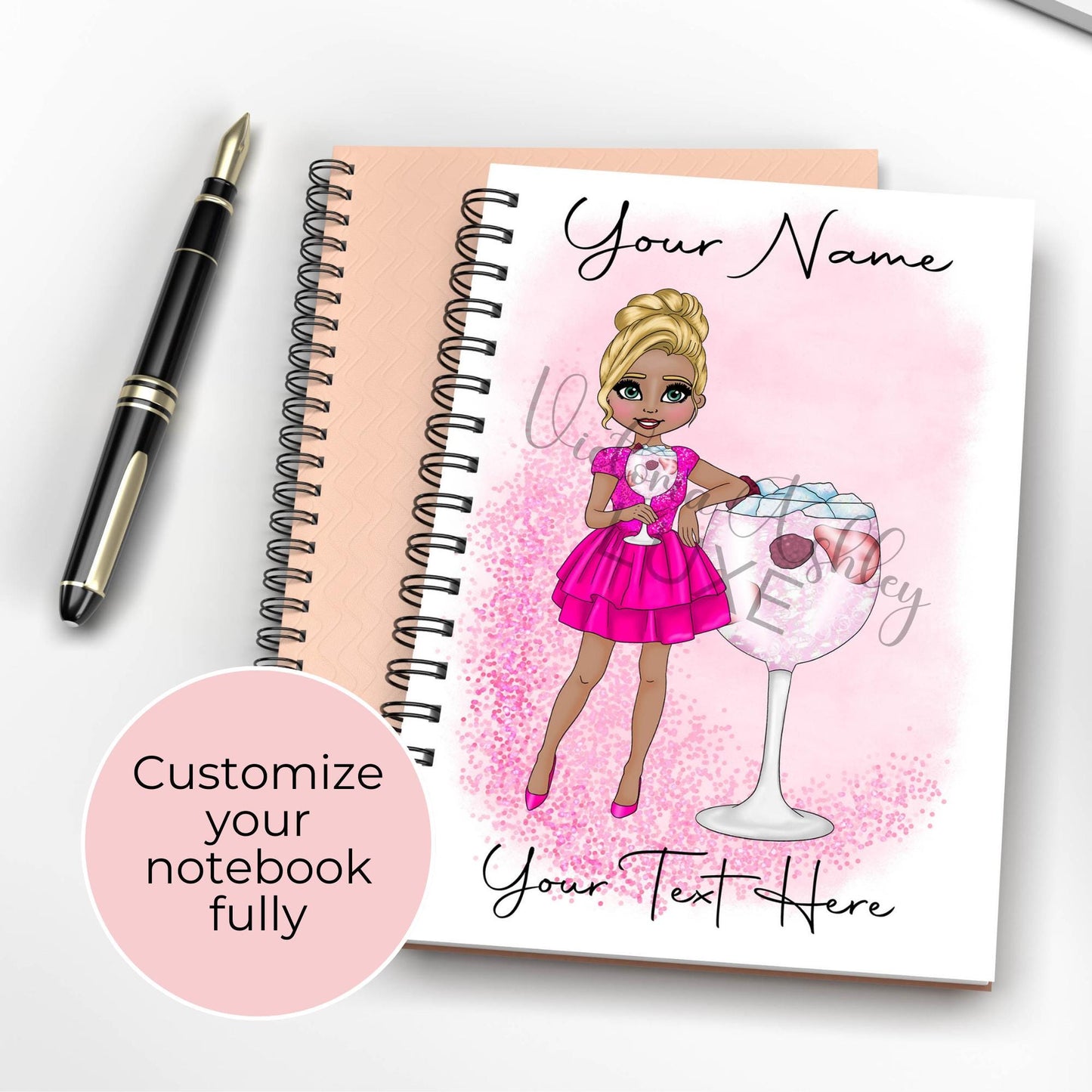 Pink Gin 75 Custom Character Cocktail Girl A5 Wirebound Notebook, Personalised Notebook Gift For Her, Journaling Writing Lined Page Notepad #NB