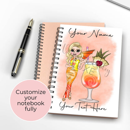 Personalised A5 Wire Bound Notebook, Custom Cocktail Character Notebook, Wedding Planning Notebook, Travelling Notebook For Journalling