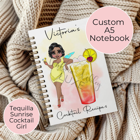 Custom A5 Spiral Notebook, Lined Wire Bound Personalised Notebook, Tequilla Sunrise Cocktail Themed Journal Binder, Wedding Planner Jotter