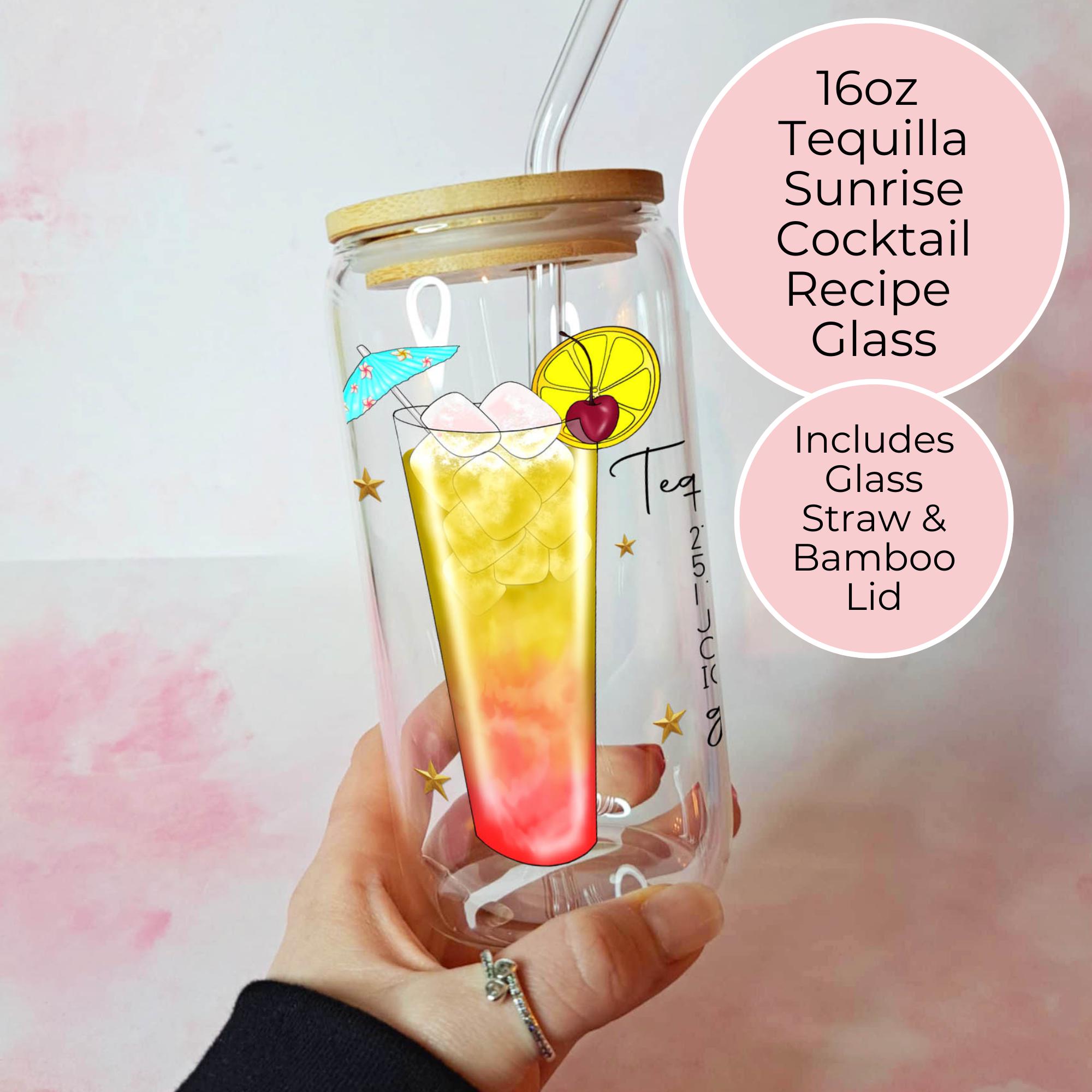16oz Tequila Sunrise Cocktail Recipe Glass – Clear Tumbler with Bamboo Lid #CL