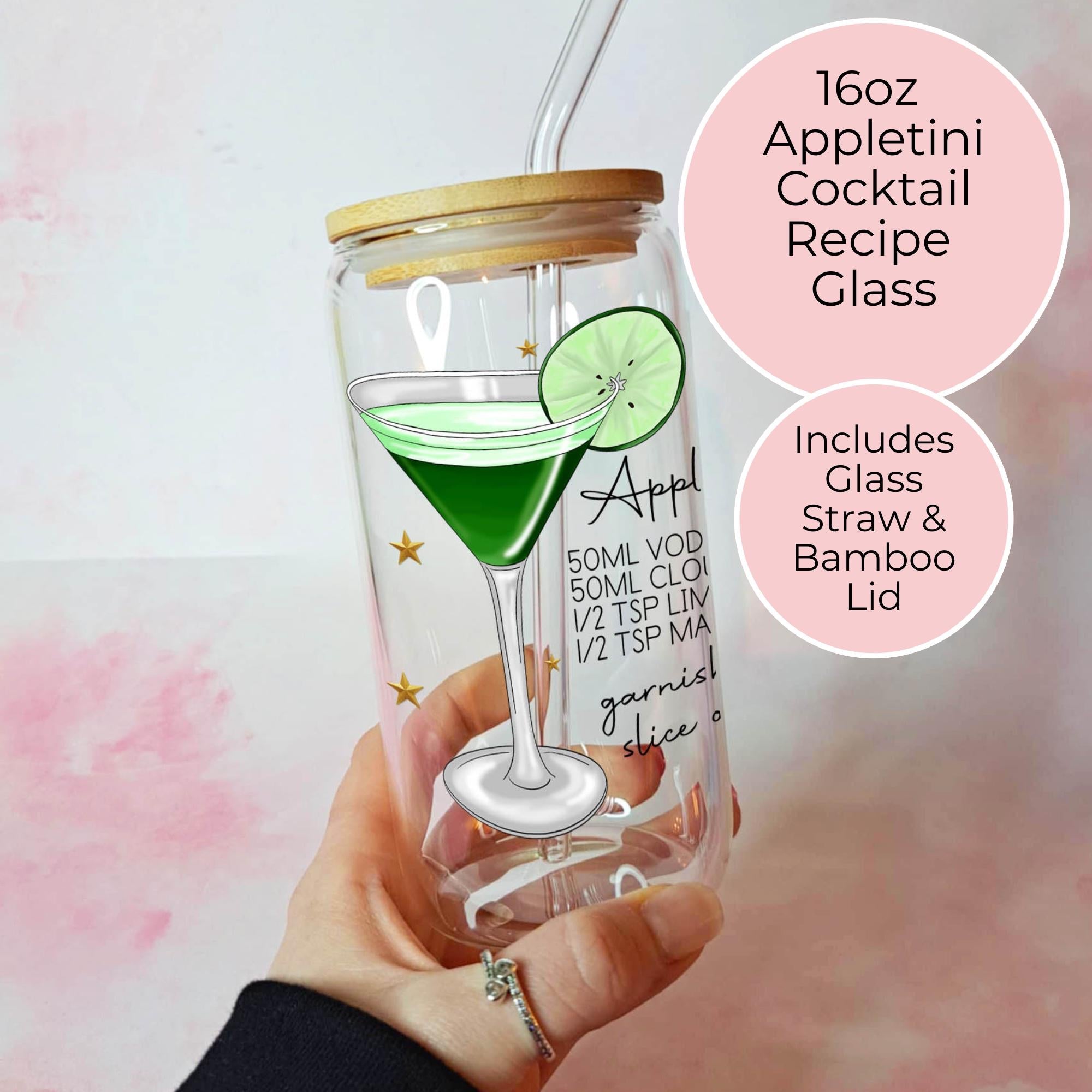 16oz Appletini Cocktail Recipe Glass – Clear Tumbler with Bamboo Lid #CL