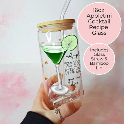 16oz Clear Glass With Appletini Cocktail And Recipe, Cocktail Enthusiast Home Bar Gift, Cocktail Gift For Mothers Day Birthday Engagement