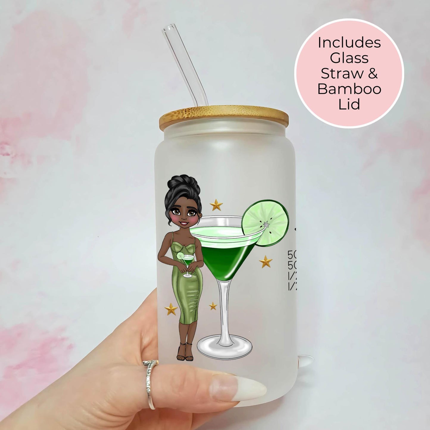 Appletini  16oz Frosted Glass Can Cocktail Themed Custom Character Design, Bartender Birthday Gift, Libbey Mixer Glass Appletini Cocktail #FL
