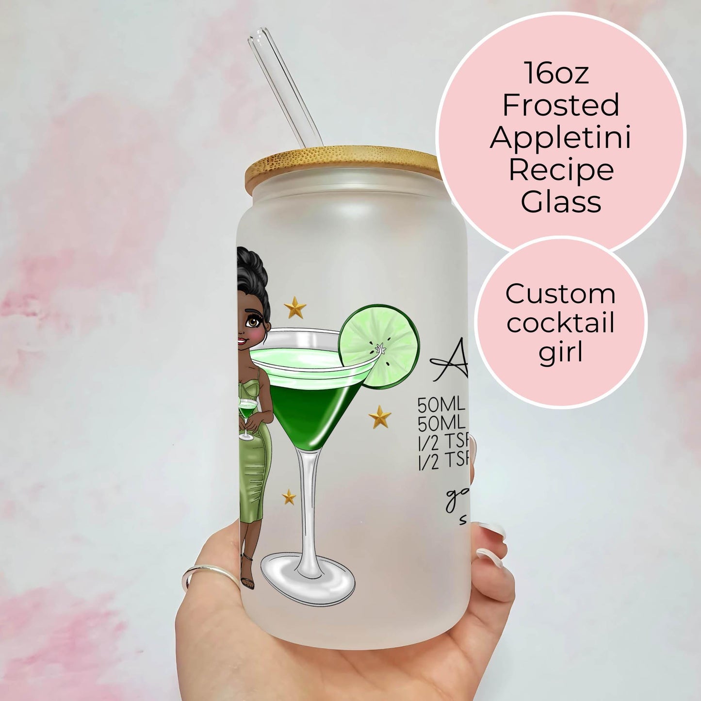 Appletini  16oz Frosted Glass Can Cocktail Themed Custom Character Design, Bartender Birthday Gift, Libbey Mixer Glass Appletini Cocktail #FL