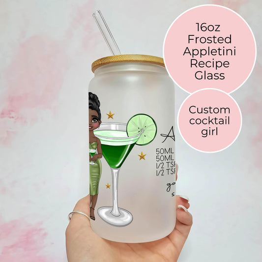Appletini  16oz Frosted Glass Can Cocktail Themed Custom Character Design, Bartender Birthday Gift, Libbey Mixer Glass Appletini Cocktail #FL