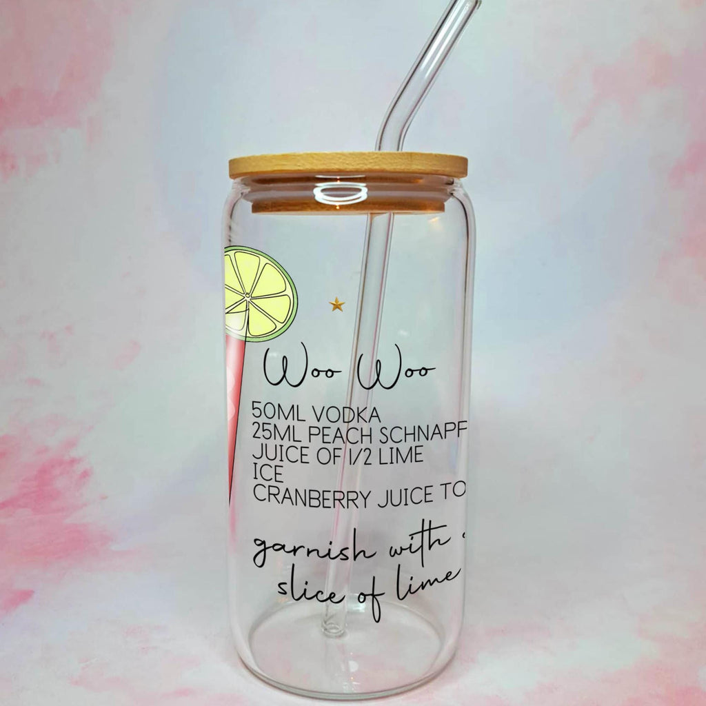 16oz Woo Woo Cocktail Recipe Glass – Clear Tumbler with Bamboo Lid #CL