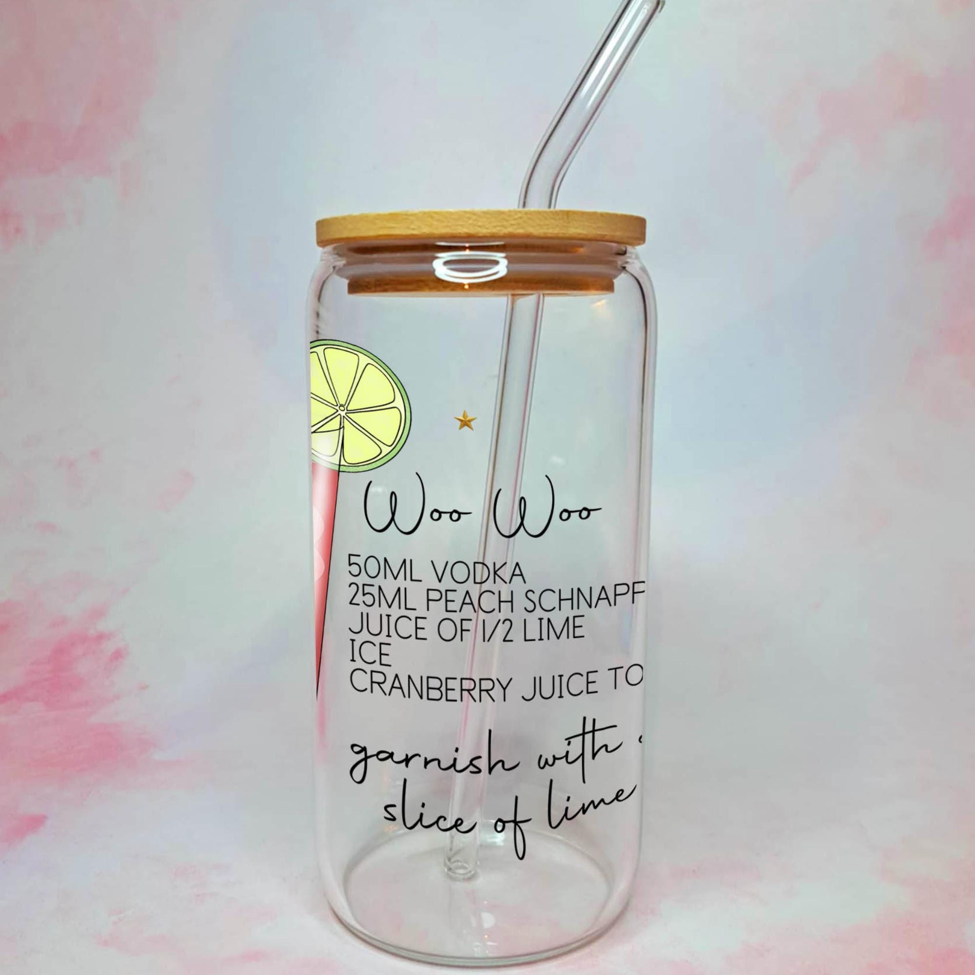 16oz Woo Woo Cocktail Recipe Glass – Clear Tumbler with Bamboo Lid #CL