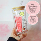 16oz Woo Woo Cocktail Recipe Glass – Clear Tumbler with Bamboo Lid #CL