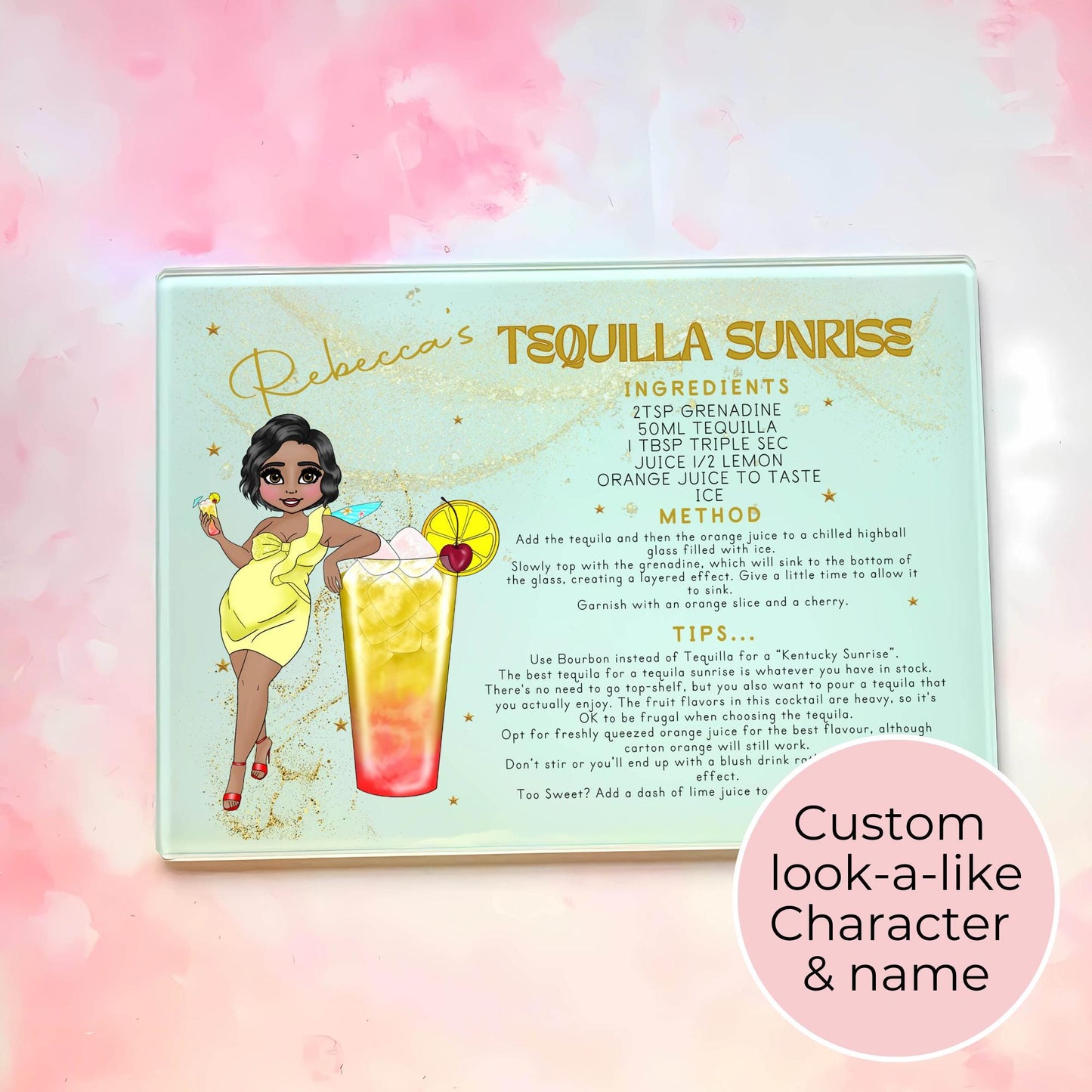 Personalized A4-Sized Glass Chopping Board, Tequilla Sunrise Tropical Cocktail Recipe Gift, 18th Birthday, Housewarming Summer Soiree Gift