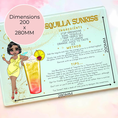 Personalized A4-Sized Glass Chopping Board, Tequilla Sunrise Tropical Cocktail Recipe Gift, 18th Birthday, Housewarming Summer Soiree Gift