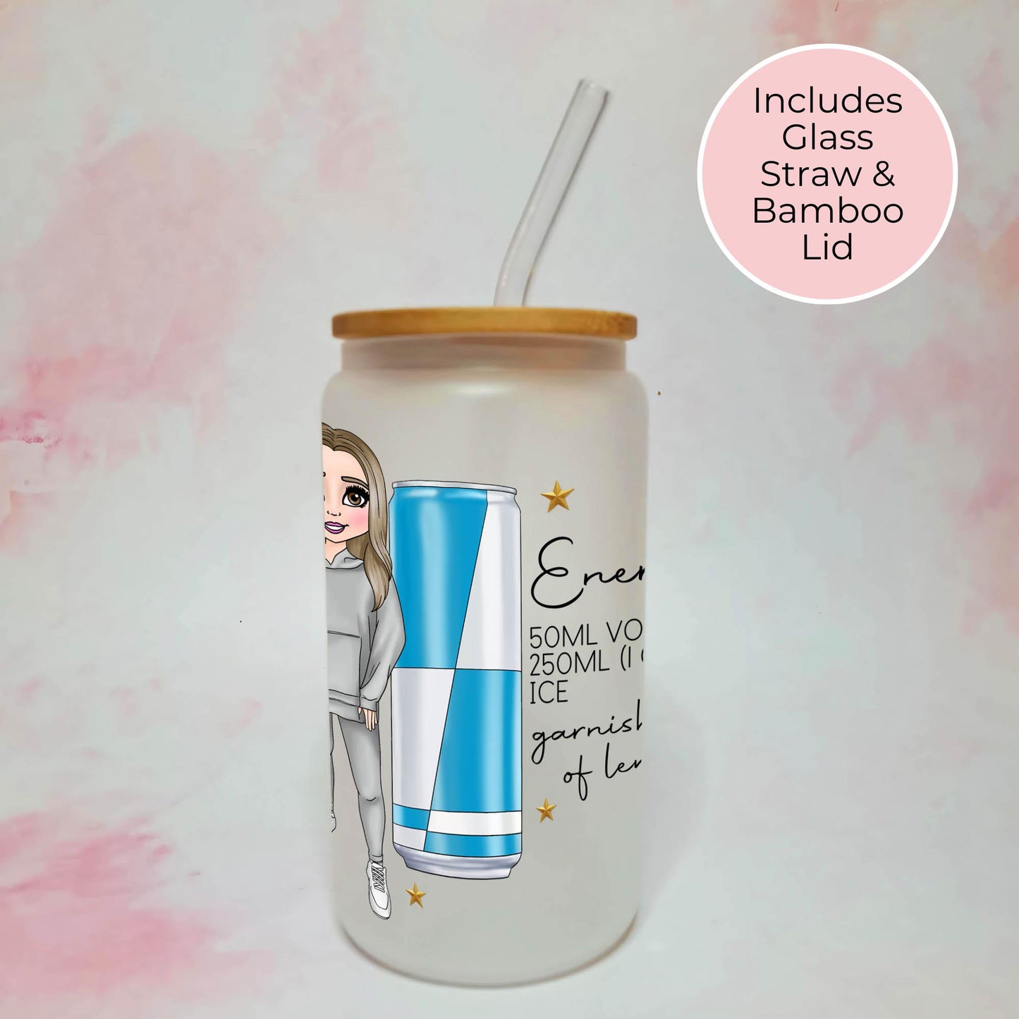 Energy Drink 16oz Frosted Libby Glass With Custom Character & Cocktail Recipe, Ladies Hen Night Cocktail Tumbler For Her Bachelorette Party #FL