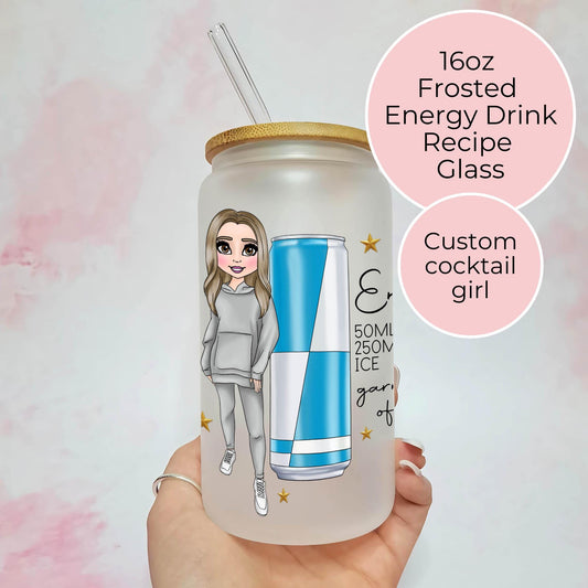 Energy Drink 16oz Frosted Libby Glass With Custom Character & Cocktail Recipe, Ladies Hen Night Cocktail Tumbler For Her Bachelorette Party #FL