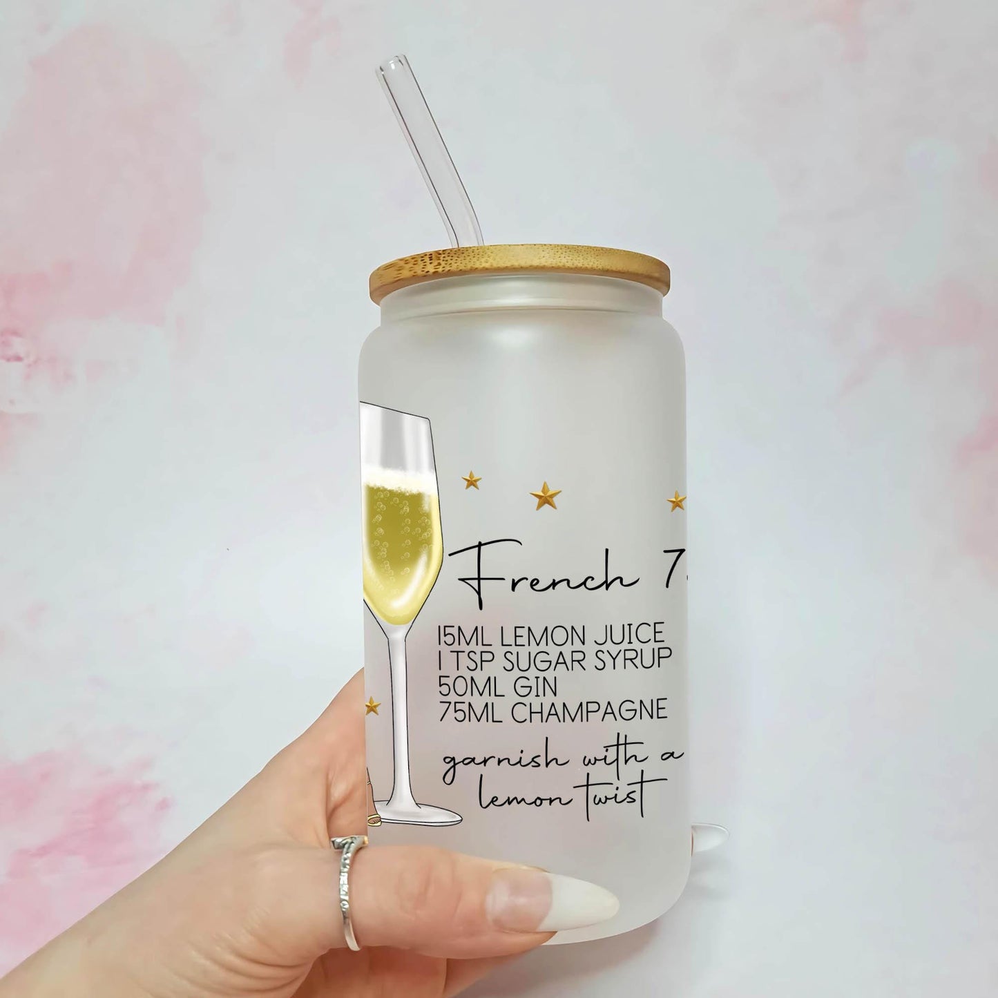 French 75 Cocktail Recipe 16oz Frosted Glass, Gift For Mum, Bridal Shower Cocktail Themed Drinkware, Hen Party Gifts For Champagne Cocktails #FL