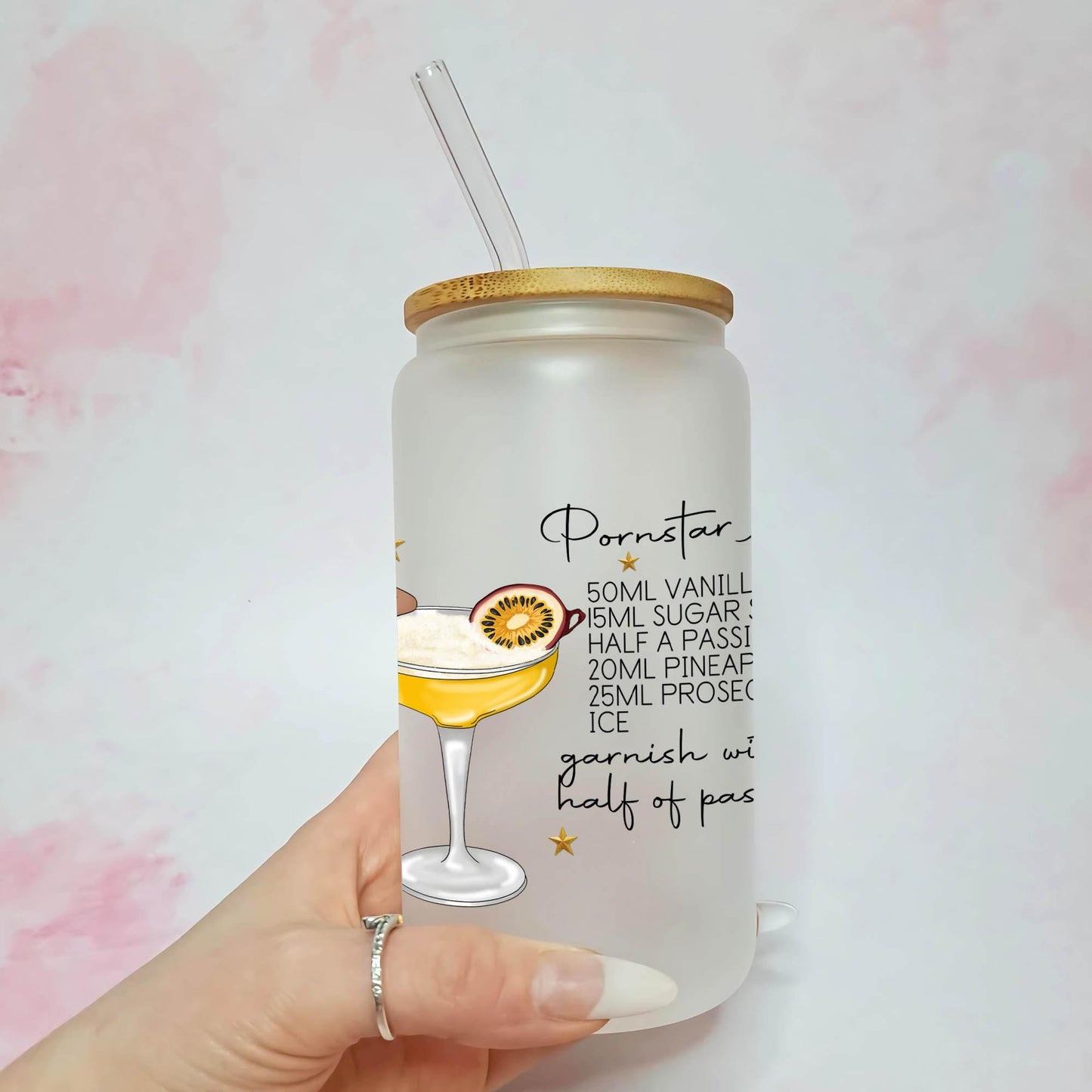 Pornstar Martini 16oz Frosted Libbey Glass, Custom Character Cocktail Recipe, Hen Night Cocktail Tumbler for Her, Bachelorette Drink Gift #FL