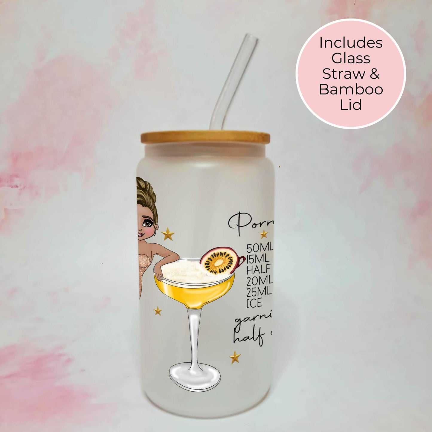 Pornstar Martini 16oz Frosted Libbey Glass, Custom Character Cocktail Recipe, Hen Night Cocktail Tumbler for Her, Bachelorette Drink Gift #FL