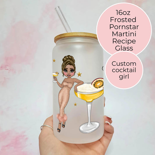 Pornstar Martini 16oz Frosted Libbey Glass, Custom Character Cocktail Recipe, Hen Night Cocktail Tumbler for Her, Bachelorette Drink Gift #FL