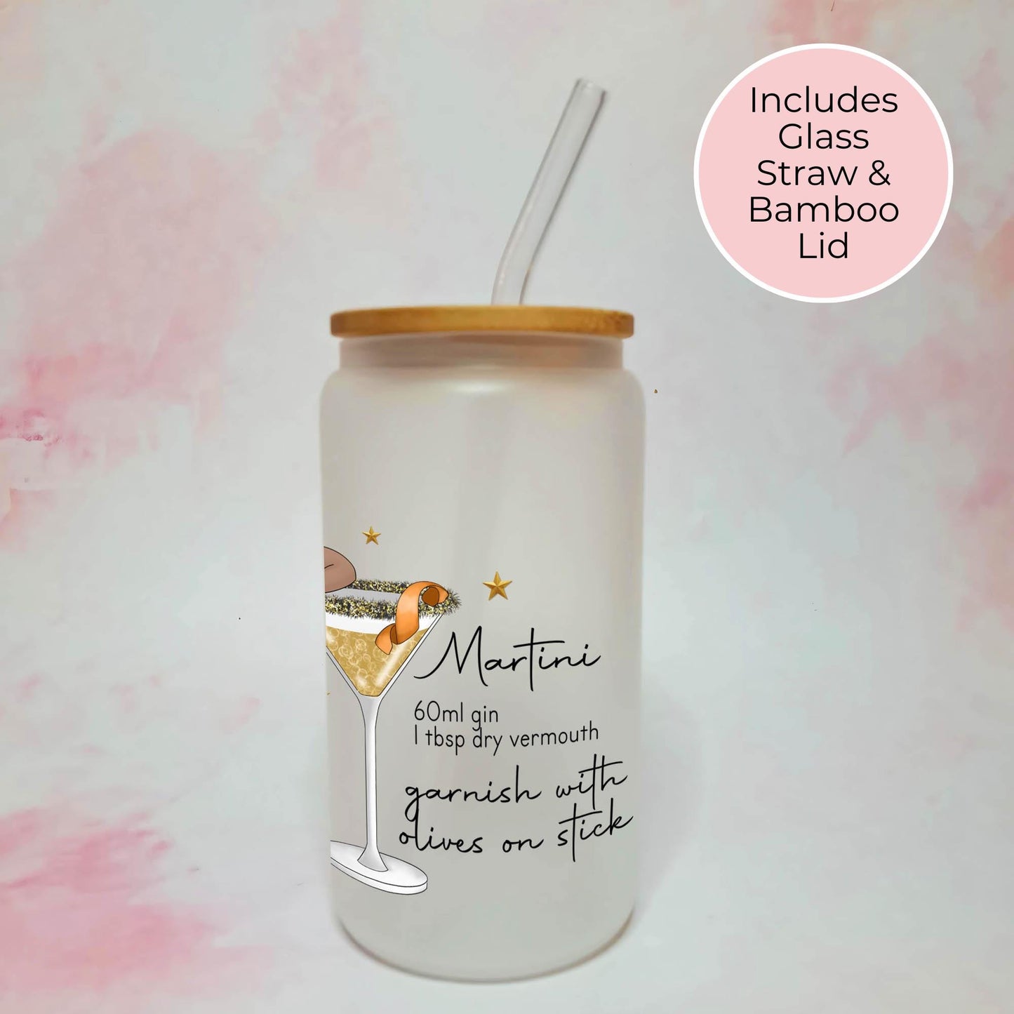 Plus Sized Martini Custom Character Frosted Recipe Glass, Cocktail Tumbler with Bamboo Lid #FL