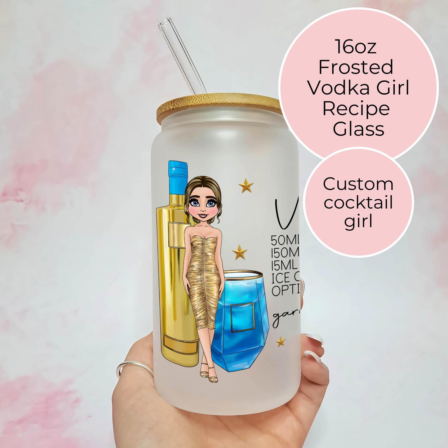 16oz Frosted Vodka Girl Cocktail Glass, Personalised Character Gift For Her Birthday, Girls Cocktail Night Drinkware Barware, Cocktail Lover