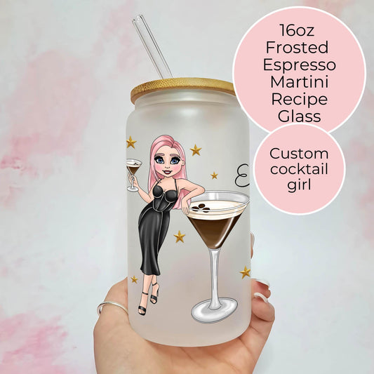 Espresso Martini Evening Cocktail Recipe 16oz Glass With Straw, Custom Character Coffee Themed Cocktail Gift For Her Milestone Birthday #FL
