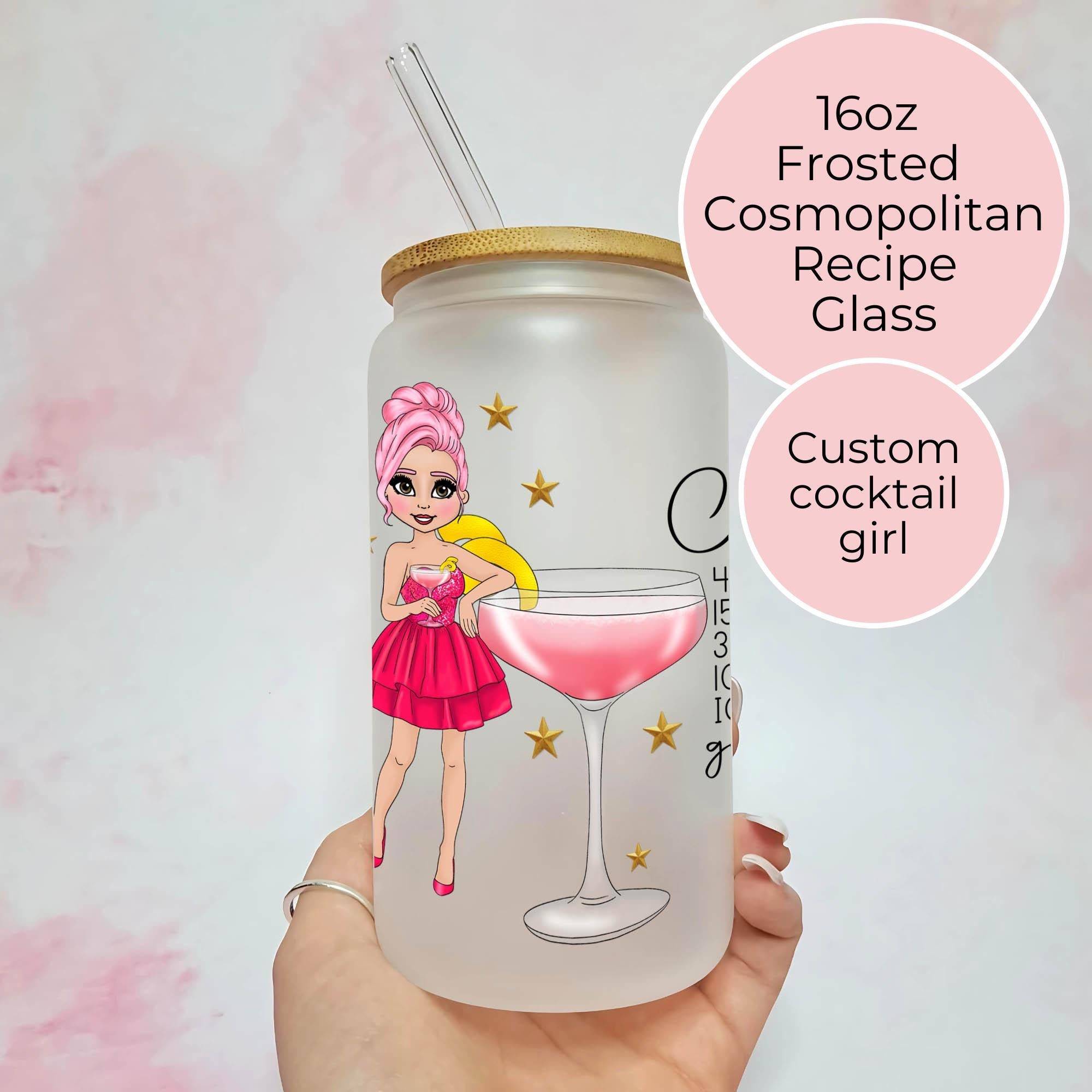 Cosmopolitan Cocktail Girl 16oz Frosted Libby Glass – Personalised Recipe Glass #FL