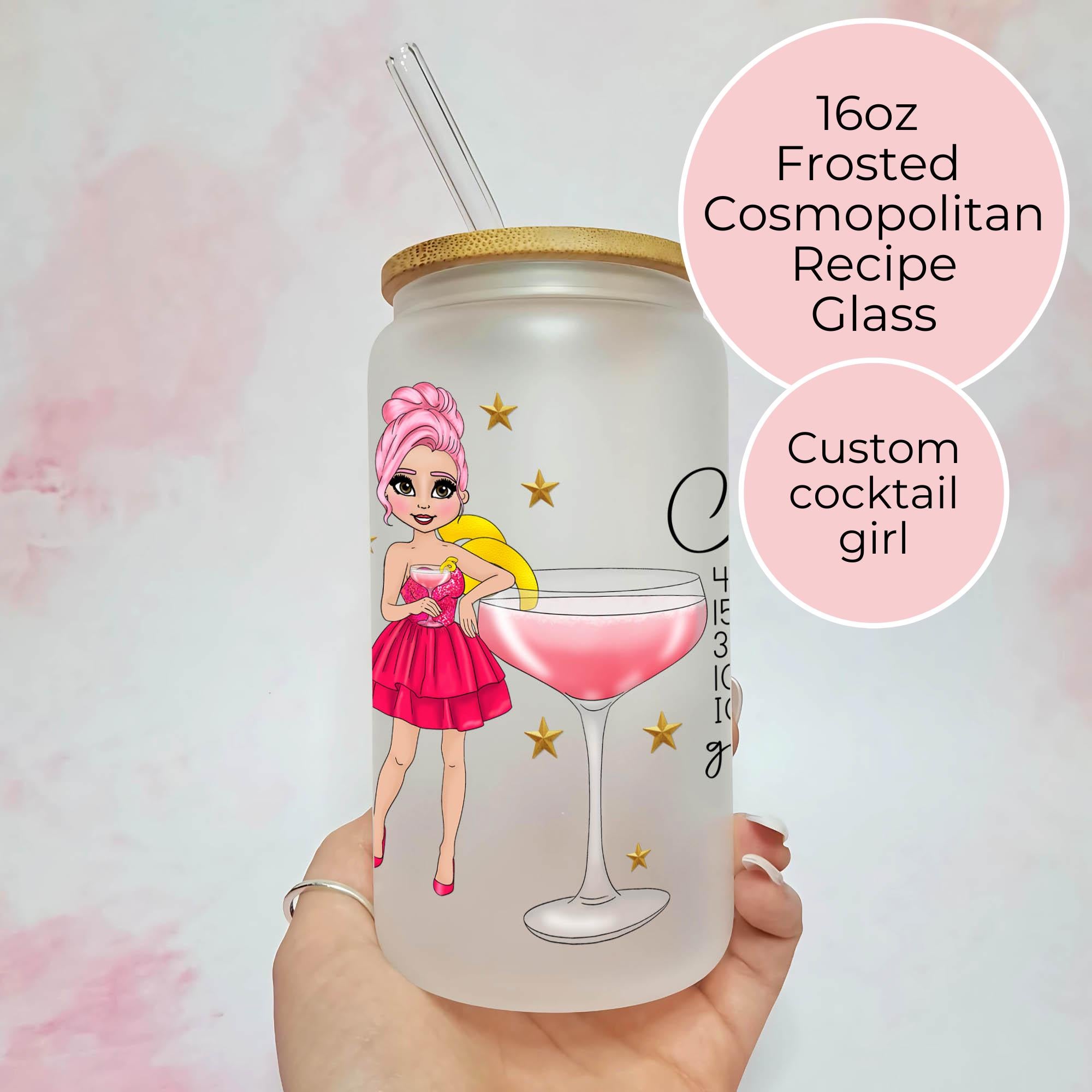 16oz Cosmopolitan Cocktail Recipe Glass – Clear Tumbler with Bamboo Lid #CL