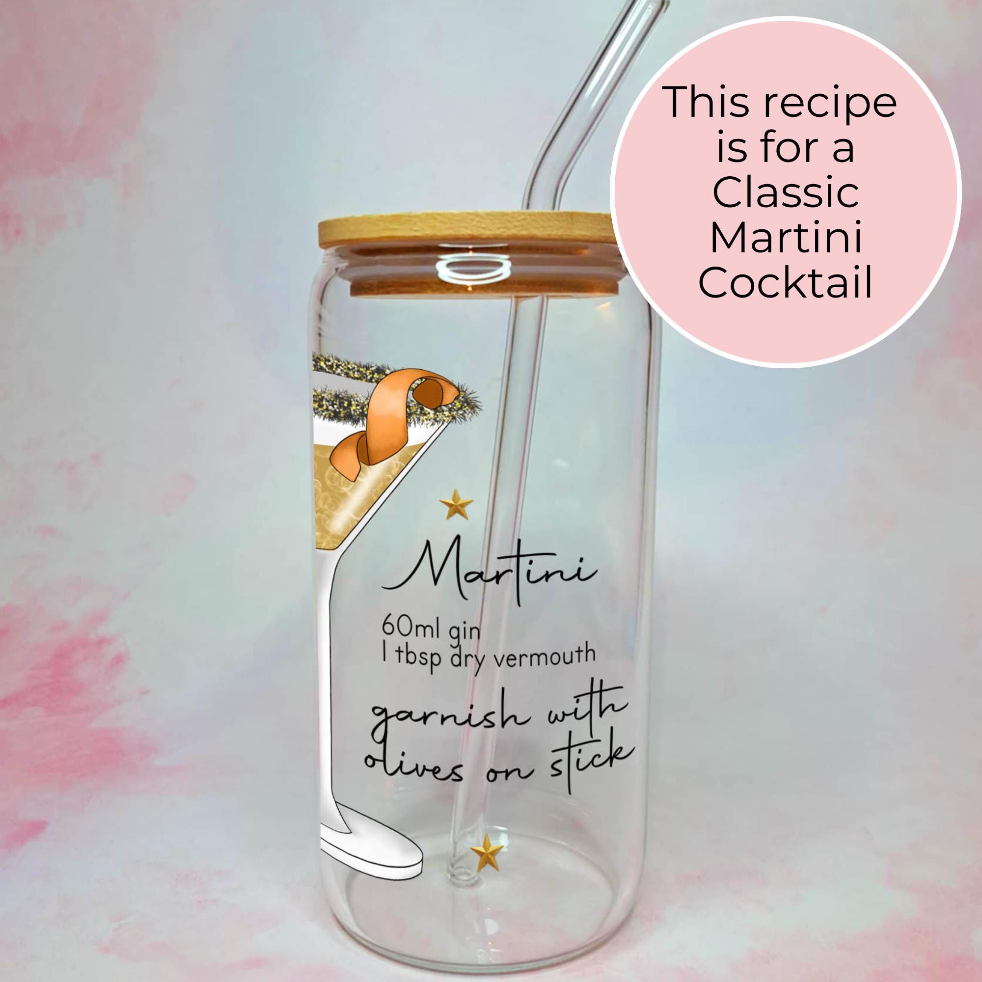 16oz Martini Cocktail Recipe Glass – Clear Tumbler with Bamboo Lid #CL