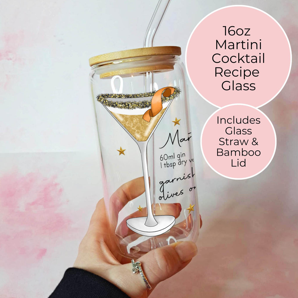 16oz Martini Cocktail Recipe Glass – Clear Tumbler with Bamboo Lid #CL