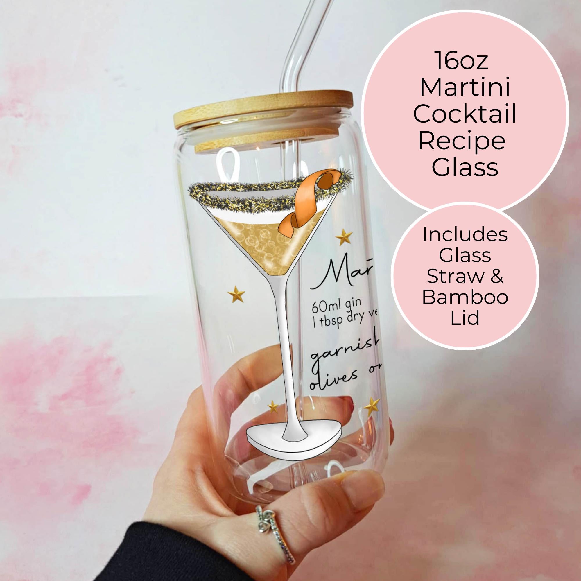 16oz Martini Cocktail Recipe Glass – Clear Tumbler with Bamboo Lid #CL