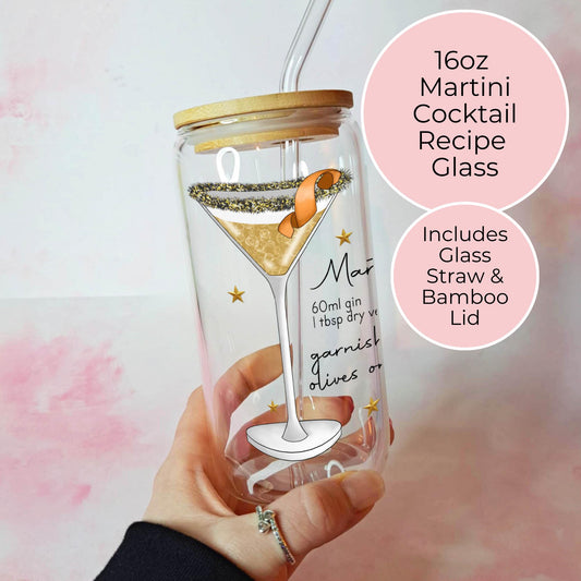 16oz Clear Libby Glass Martini Cocktail Themed, Birthday Gift For Her, Milestone Birthday Cocktail Themed Party Drinkware, Cocktail Recipe