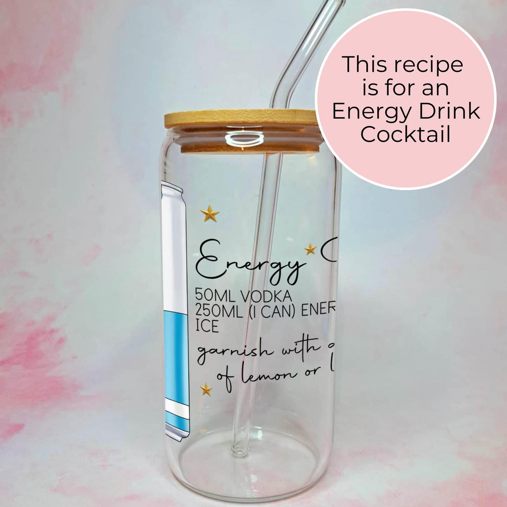16oz Energy Drink Cocktail Recipe Glass – Clear Tumbler with Bamboo Lid #CL