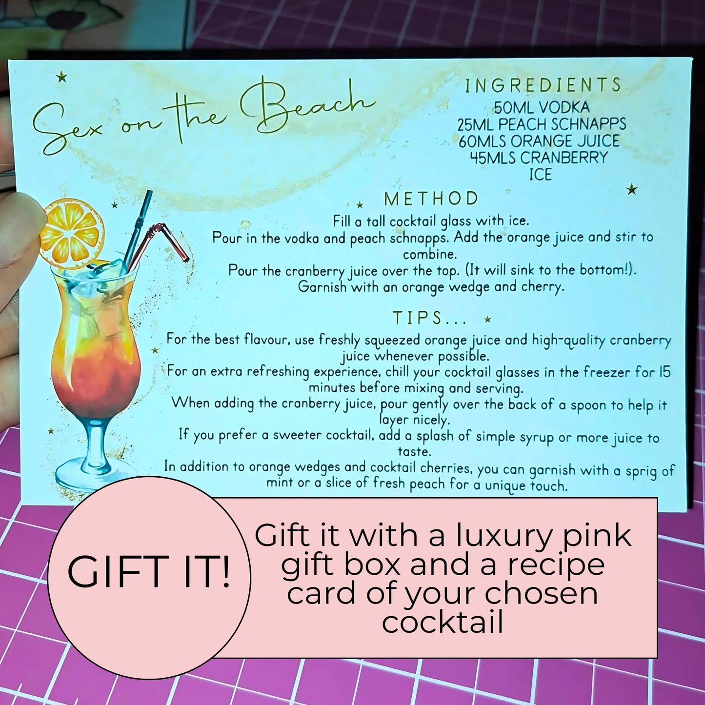 Pink Gin 75 Cocktail Recipe On Glass, Coworker Receptionist Appreciation Gift, Hollywood Glamour Cocktail Mocktail Enthusiast Home Bar Gift