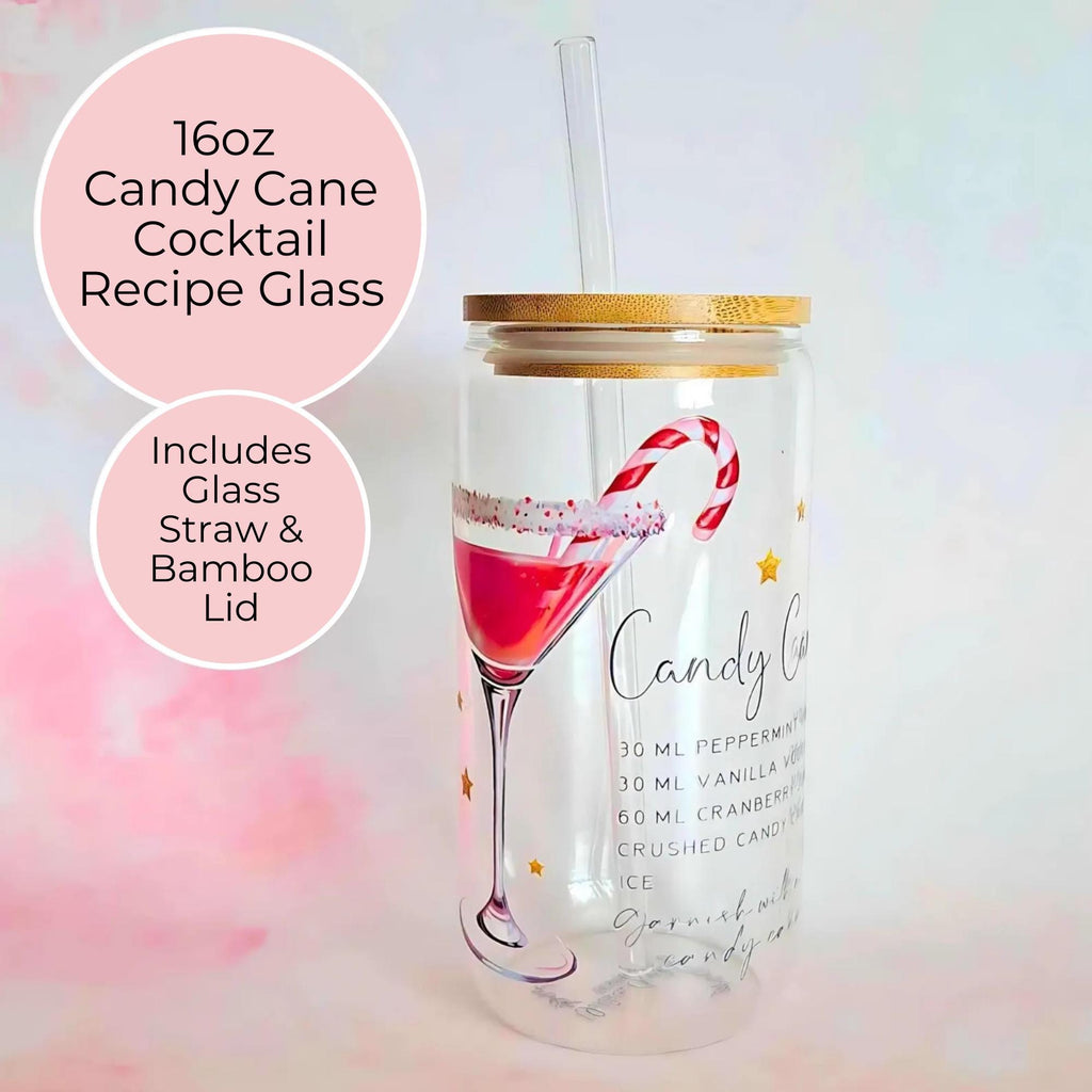 16oz Candy Cane Cocktail Recipe Glass – Clear Tumbler with Bamboo Lid #CL