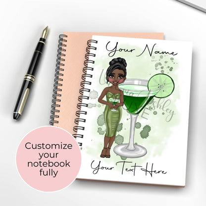 Personalised Appletini Cocktail Girl Recipe Notebook, A5 Wire-Bound Notbook With 60 Lined Sheets, Custom haracter Gift For Her Birthday