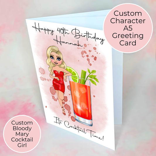 Personalised Cocktail Birthday Card, Custom Bloody Mary Themed A5 Greeting Card, Fun Milestone Birthday Card For Her, Custom Character Card