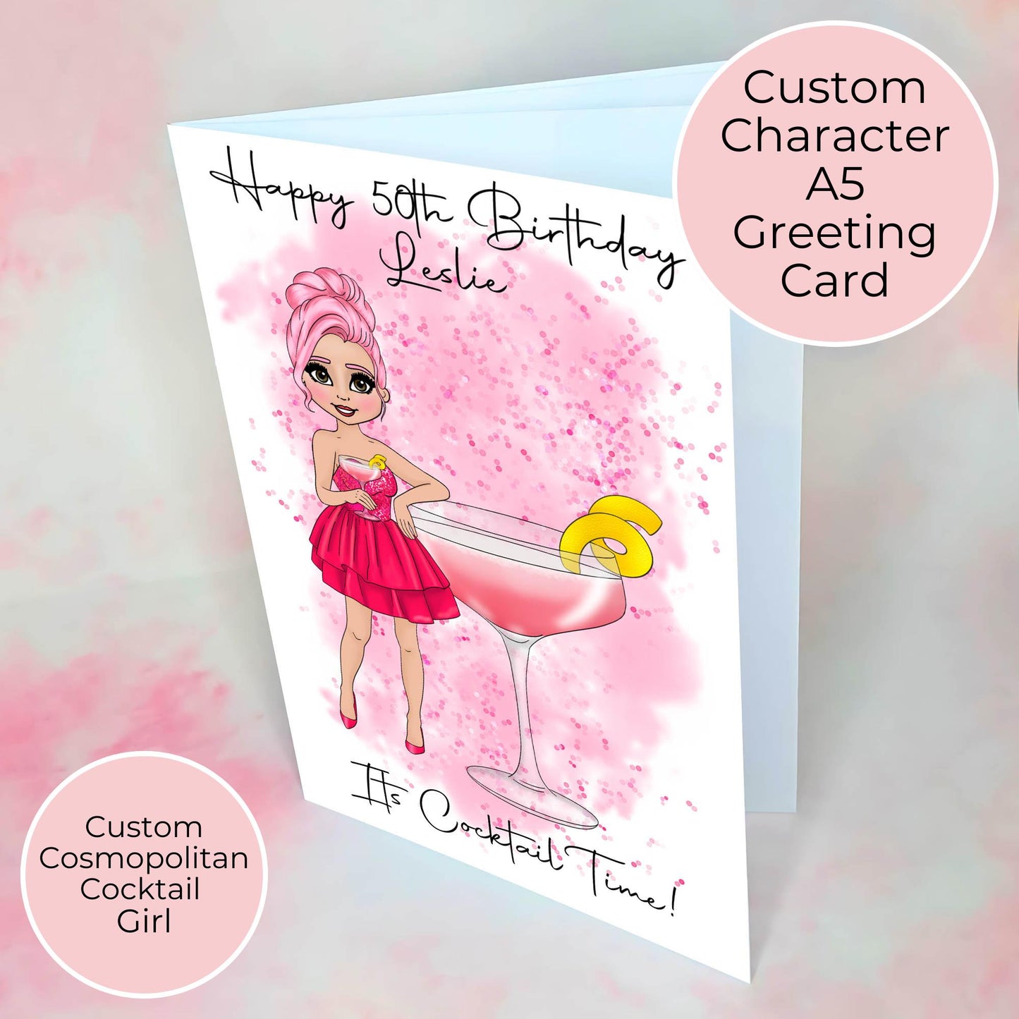 Personalised Pink Cosmopolitan Cocktail Birthday Card, A5 Greeting Card For A Milestone Birthday, Girly Pink Custom Character Keepsake Card