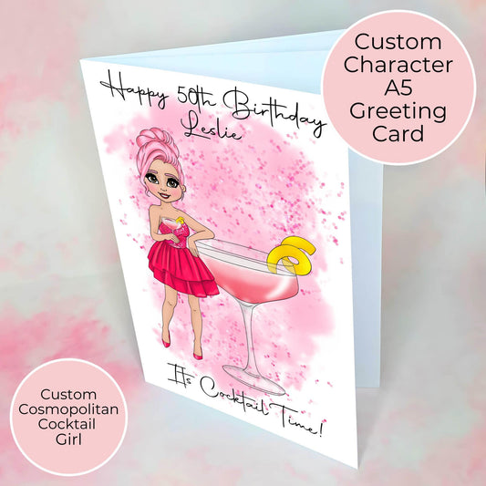 Cosmopolitan Personalised Pink Cocktail Birthday Card, A5 Greeting Card For A Milestone Birthday, Girly Pink Custom Character Keepsake Card #G1