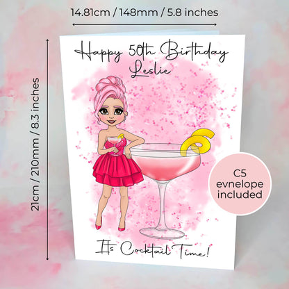 Personalised Pink Cosmopolitan Cocktail Birthday Card, A5 Greeting Card For A Milestone Birthday, Girly Pink Custom Character Keepsake Card