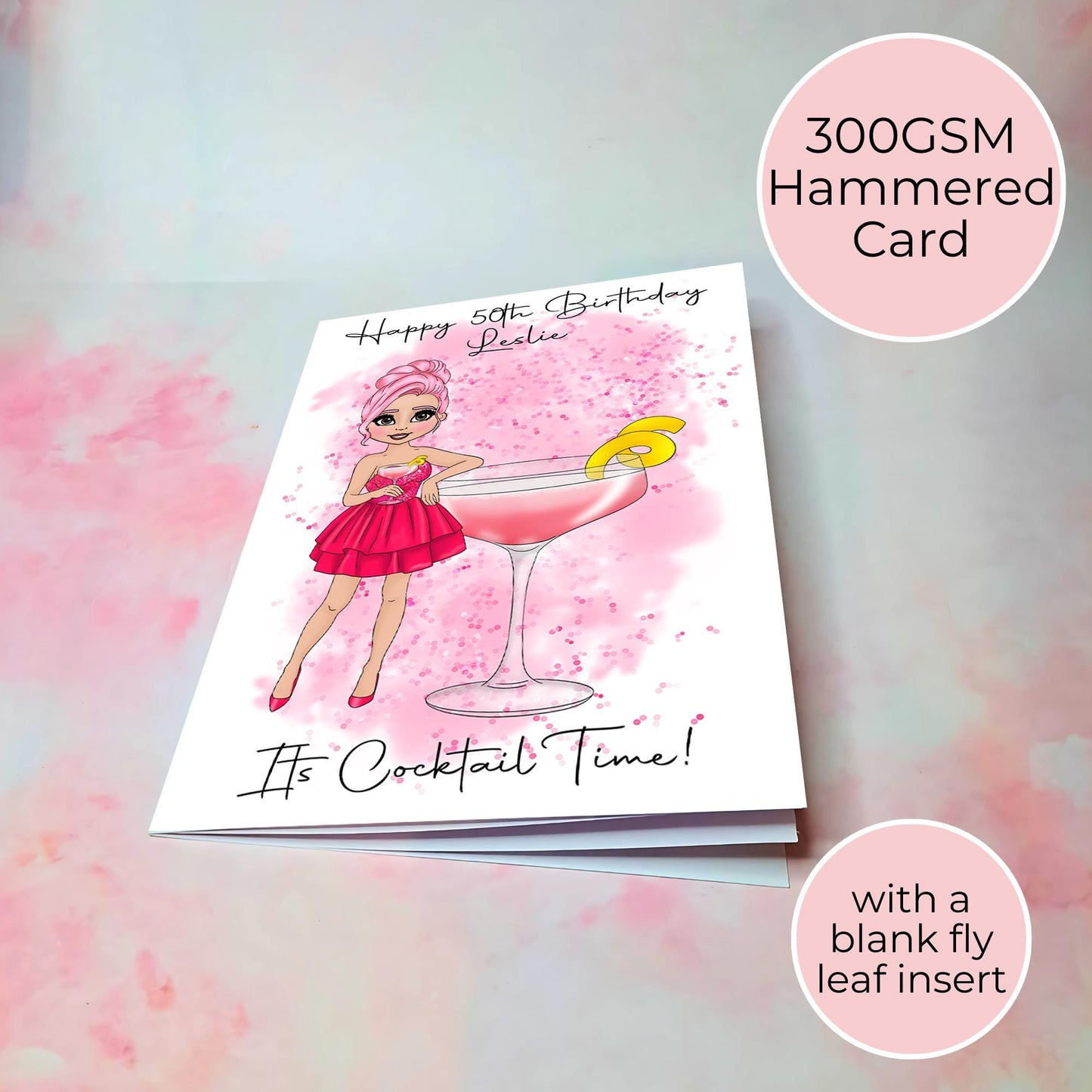 Cosmopolitan Personalised Pink Cocktail Birthday Card, A5 Greeting Card For A Milestone Birthday, Girly Pink Custom Character Keepsake Card #G1