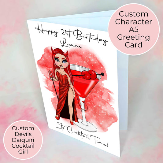 Personalised Saucy Devils Daiquiri Cocktail Birthday Card, A5 Greeting Card Custom Character Gift for Her 21st Birthday, Cheeky Flirty Gift