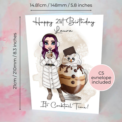 Personalised Dirty Snowman Birthday Card, Custom Character Hot Chocolate Cocktail Birthday Greeting Card, A5 Handcrafted Card For Mum Sister