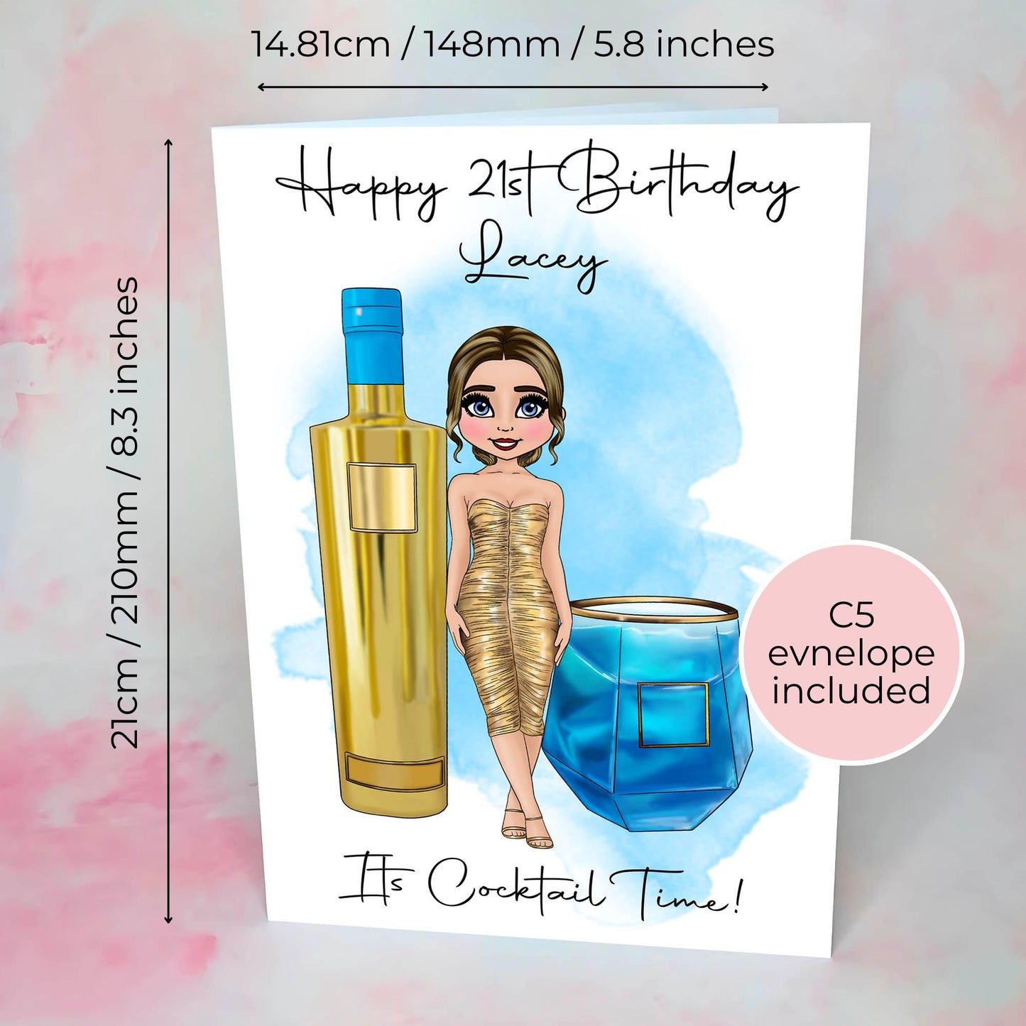 Personalised Vodka Themed Birthday Card, Custom Character Vodka Cocktail Greeting Card For Her Birthday, 21st Birthday Card For A Daughter