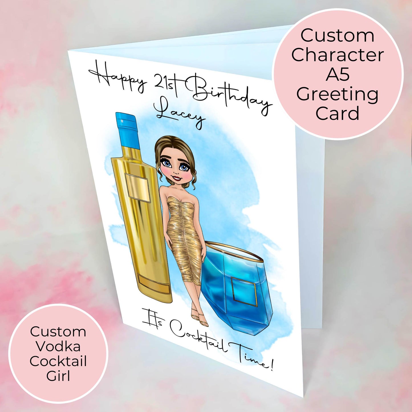 Personalised Vodka Themed Birthday Card, Custom Character Vodka Cocktail Greeting Card For Her Birthday, 21st Birthday Card For A Daughter