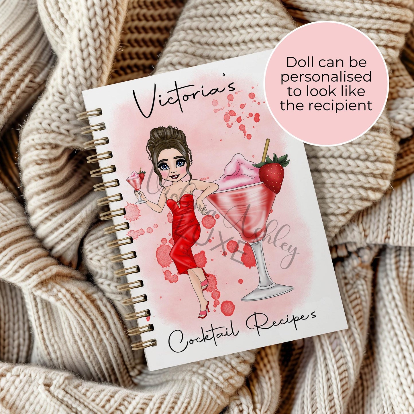 Strawberry Daiquiri Personalized A5 Wire-Bound Notebook with Custom Character Design, Strawberry Cocktail Girl, Lined Party Planning Notepad Gift #NB