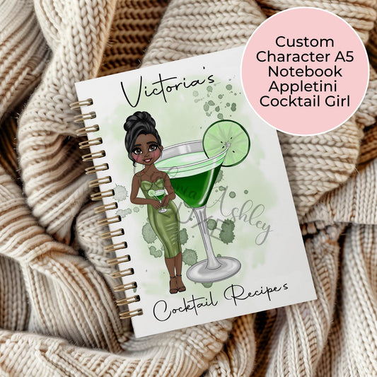 Appletini Cocktail Girl Recipe Notebook, Personalised A5 Wire-Bound Notebook With 60 Lined Sheets, Custom character Gift For Her Birthday #NB