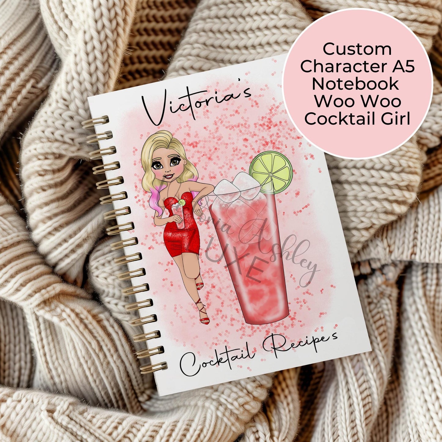 Custom Woo Woo Cocktail Girl Recipe Notebook Personalised With A Name, A5 Wire-Bound Notbook With 60 Lined Sheets, Custom Chracter Dollie