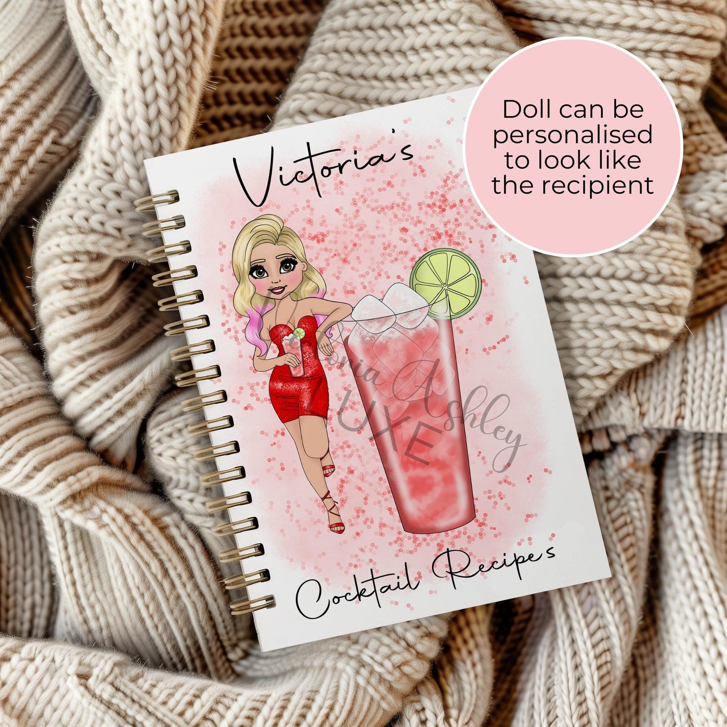 Custom Woo Woo Cocktail Girl Recipe Notebook Personalised With A Name, A5 Wire-Bound Notbook With 60 Lined Sheets, Custom Chracter Dollie