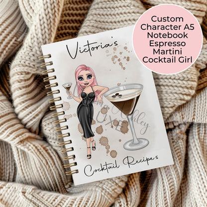 Personalised Espresso Martini Cocktail Notebook, Custom Character A5 Lined Page Wirebound Notebook For A Vlogger Blogger Coctkail Enthusiast