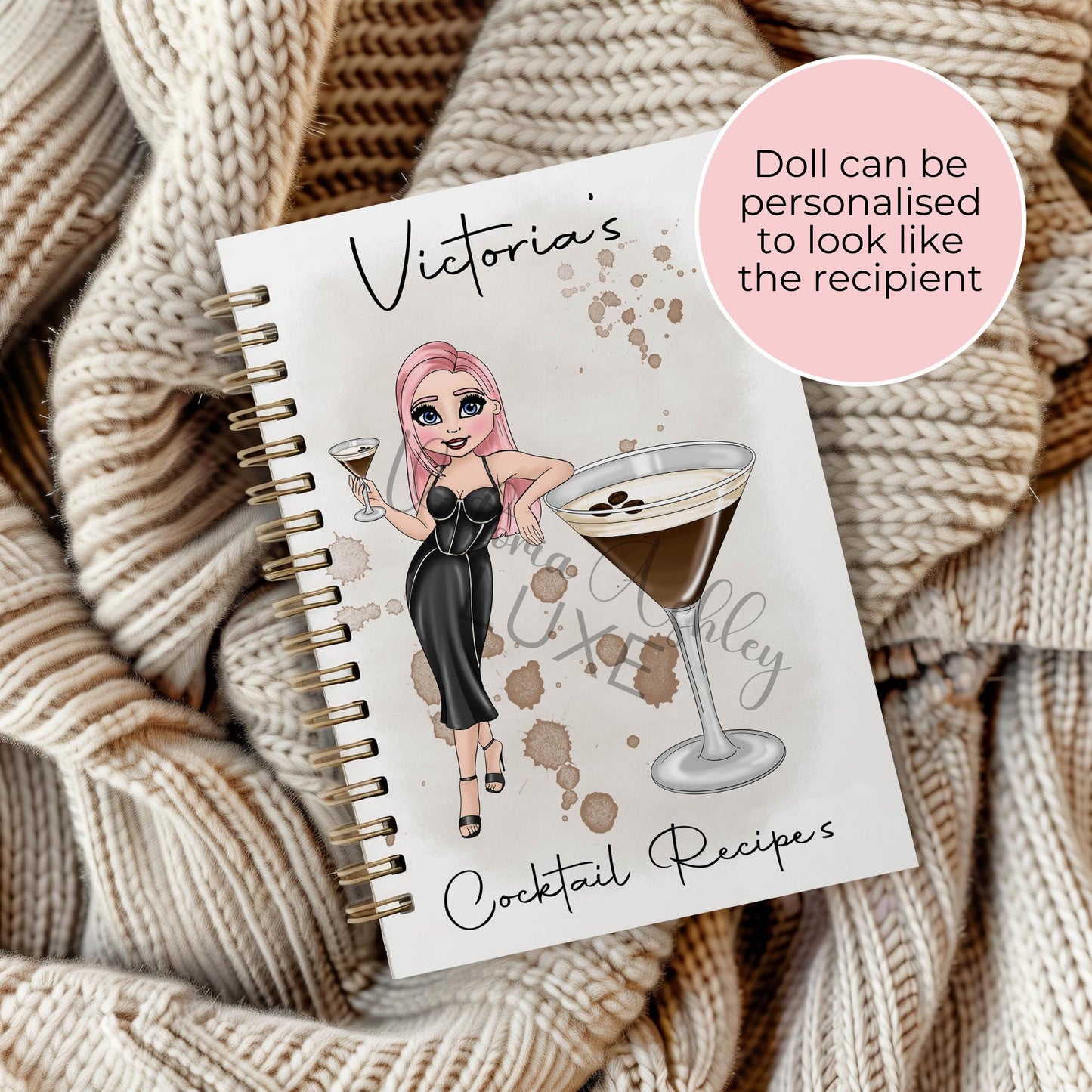 Personalised Espresso Martini Cocktail Notebook, Custom Character A5 Lined Page Wirebound Notebook For A Vlogger Blogger Coctkail Enthusiast