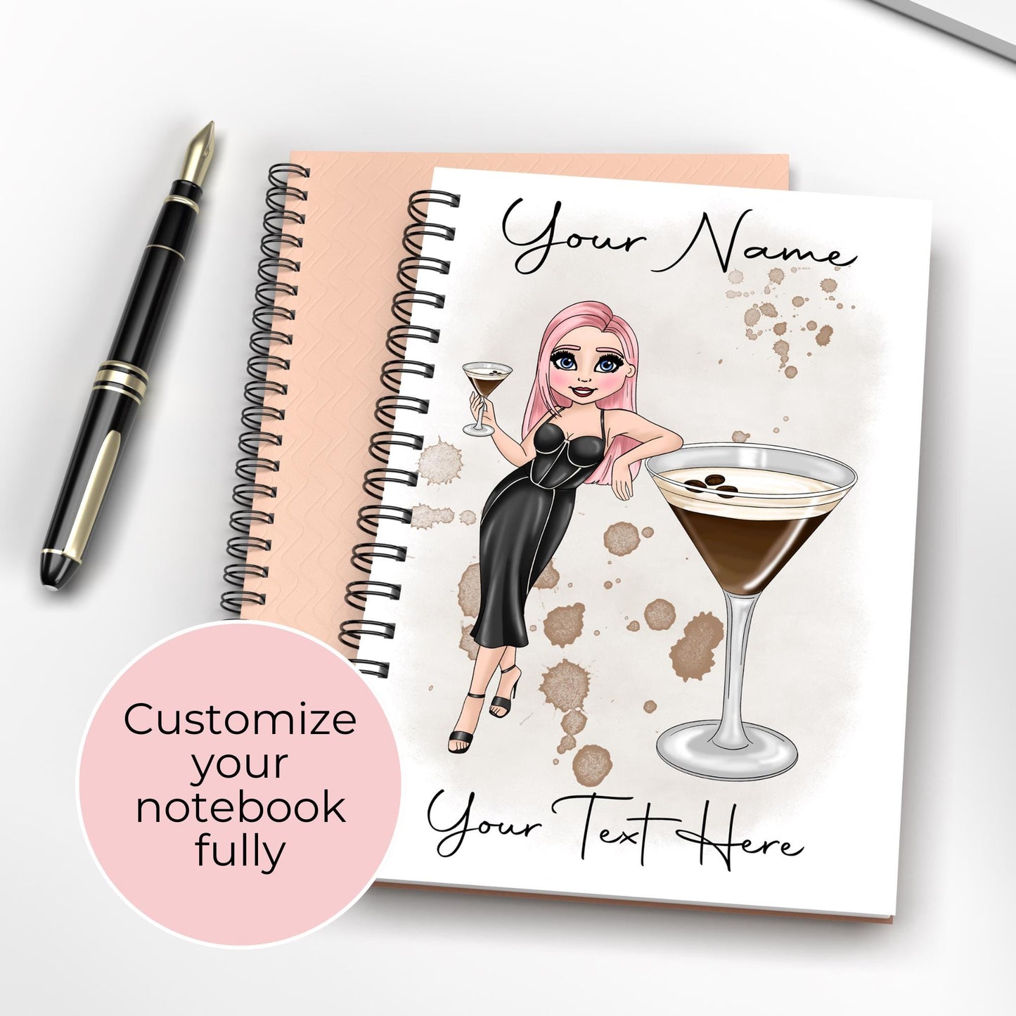 Personalised Espresso Martini Cocktail Notebook, Custom Character A5 Lined Page Wirebound Notebook For A Vlogger Blogger Coctkail Enthusiast