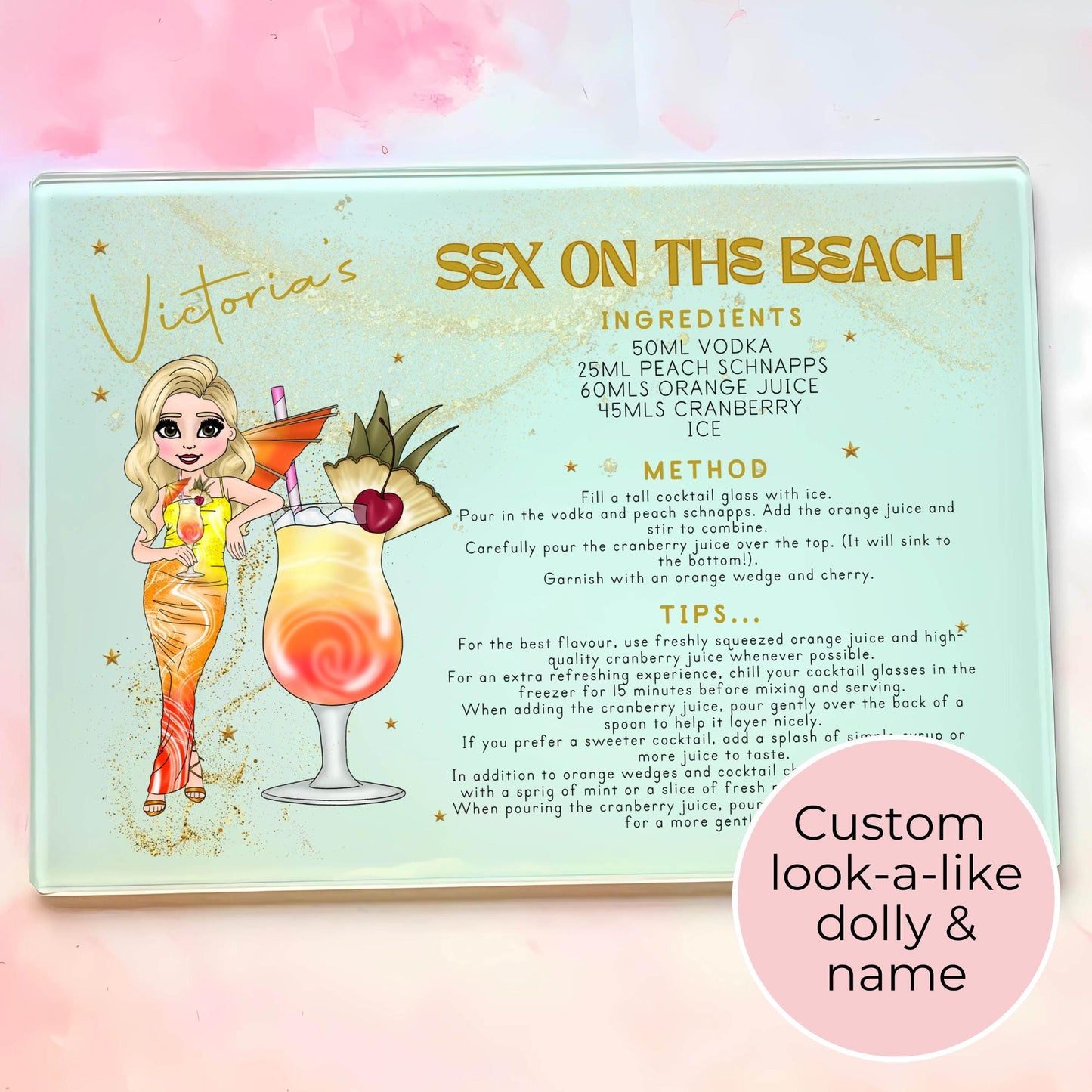 Personalized A4-Sized Glass Chopping Board,Sex On The Beach Tropical Cocktail Recipe Gift For 18th Birthday, Housewarming Summer Soiree Gift